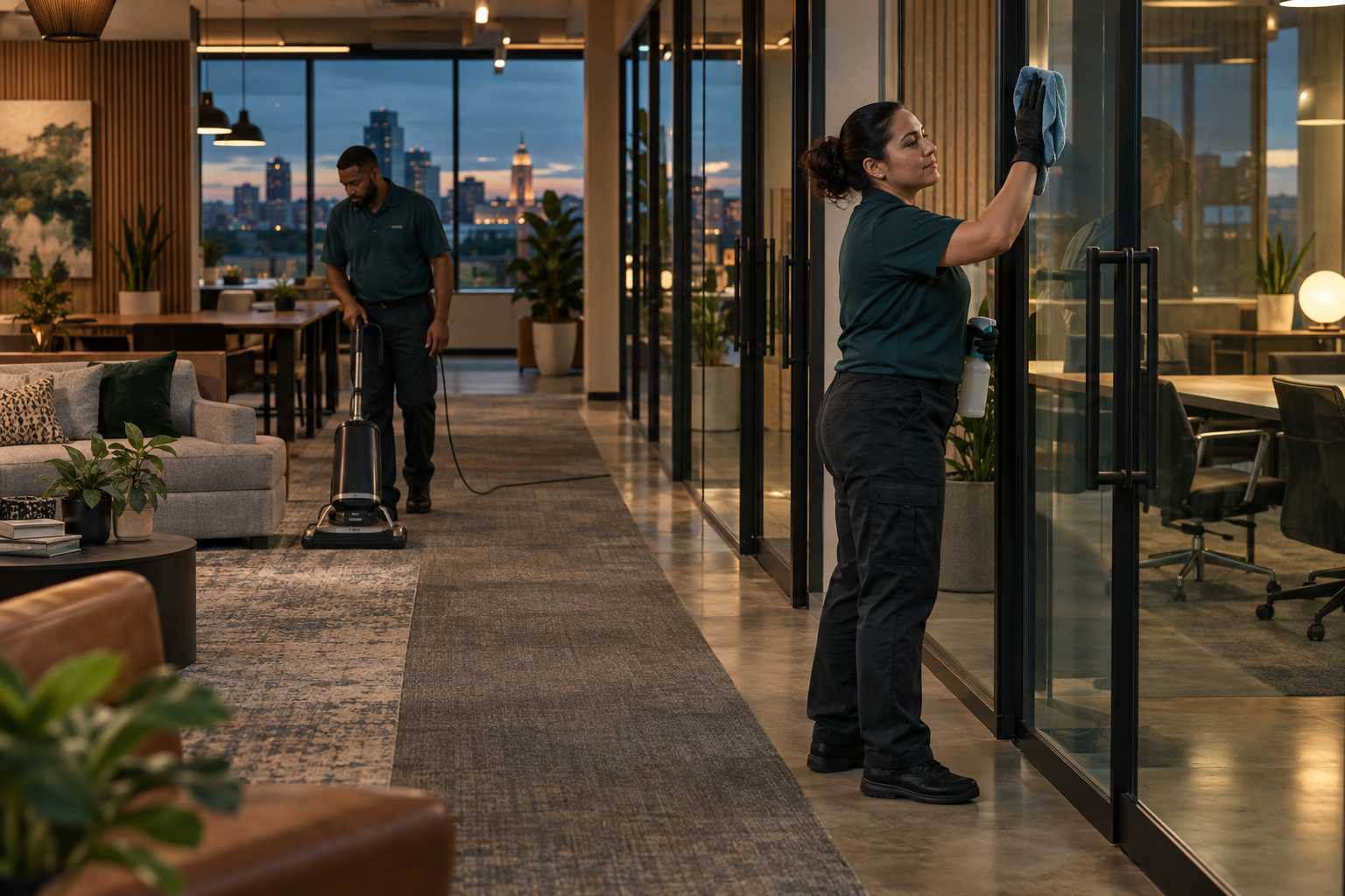 Commercial cleaning team working in a modern San Antonio office
