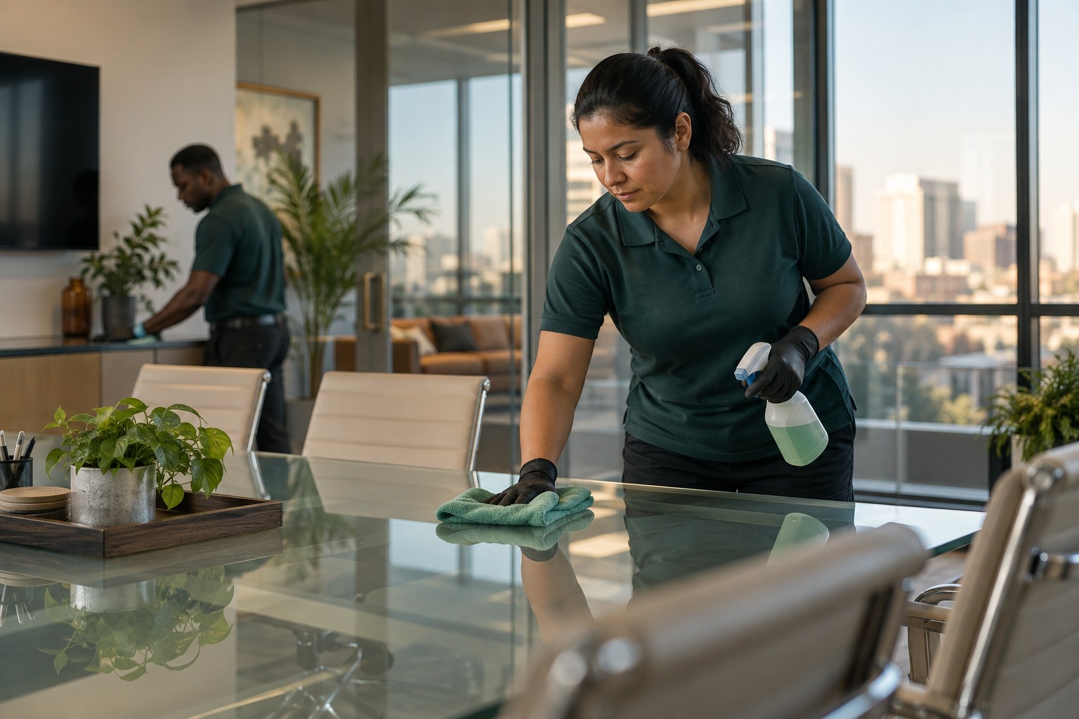 Professional cleaners caring for a modern office