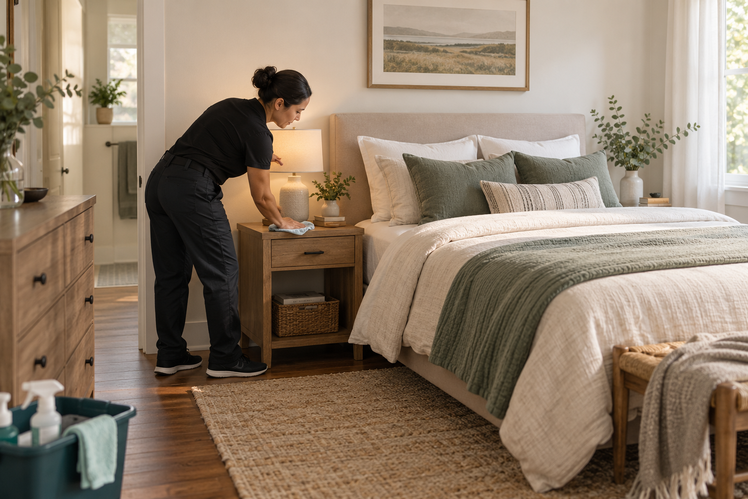 Cleaner using professional equipment in a living room