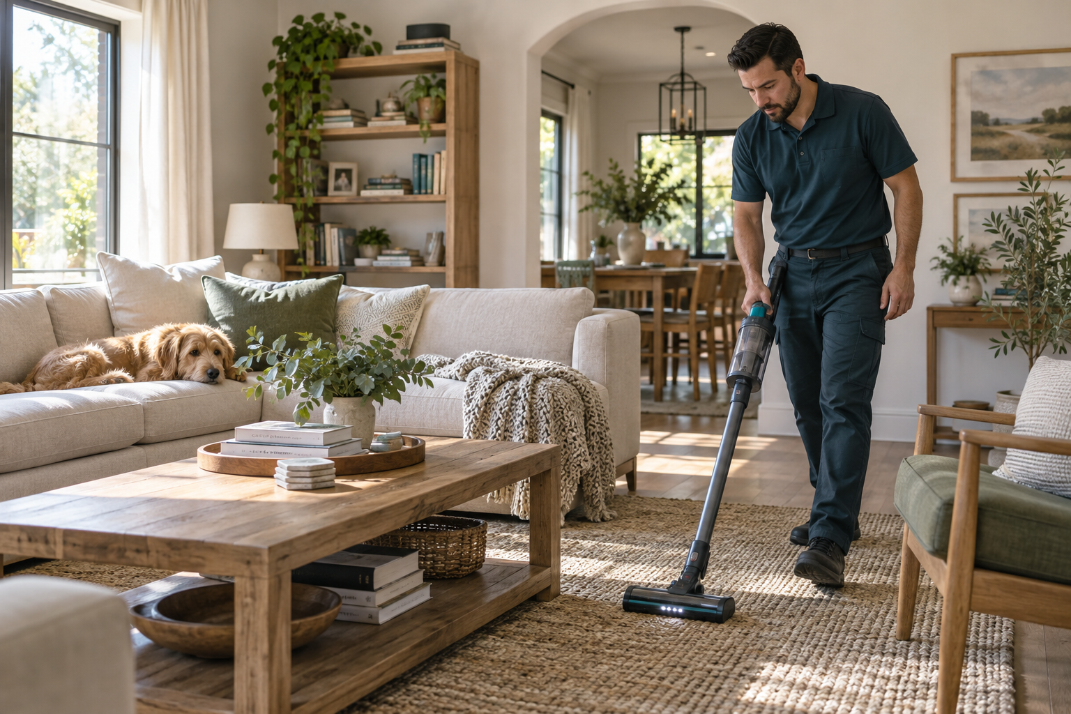 Professional cleaner caring for a bright living room